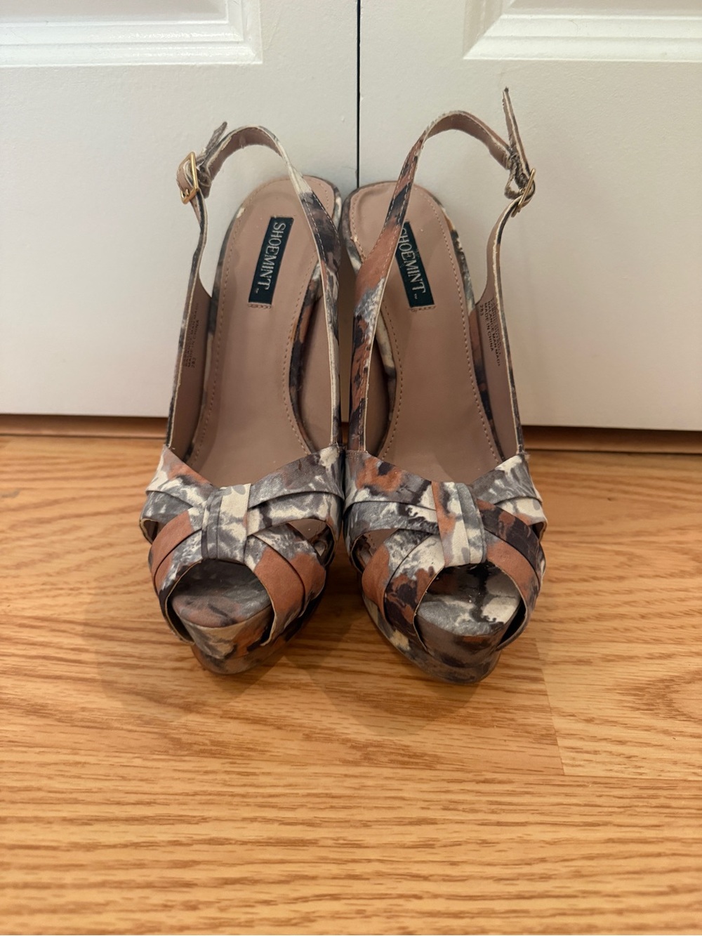 Shoemint Brown and Gray Multi Slingback Peep-Toe Heels